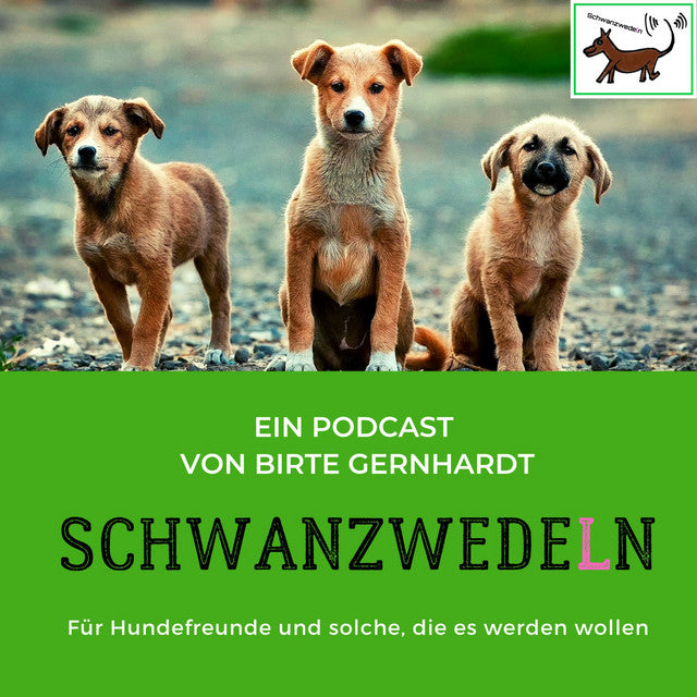 Cover des Podcasts Schwanzwedeln von Birte Gernhardt mit drei Hunden.